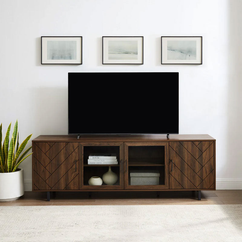 Walker Edison Ella Herringbone TV Stand W70HER4DDW, wood media console with a television in a front view