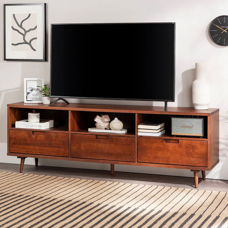Walker Edison Sloane 3 Drawer Solid Wood TV Stand W70IV3DWT, electric fireplace installed above closed media-console drawers