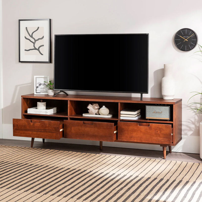 Walker Edison Sloane 3 Drawer Solid Wood TV Stand W70IV3DWT, electric fireplace installed above open media-console drawers