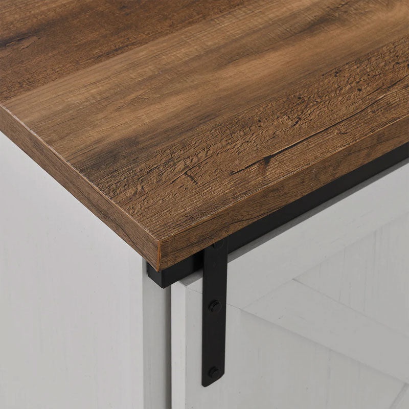 Walker Edison Sliding Barn Door TV Stand W70SBDROBRW, farmhouse media cabinet wood top corner detail