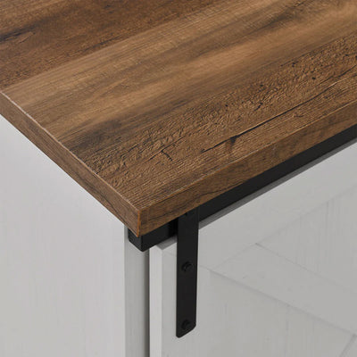 Walker Edison Sliding Barn Door TV Stand W70SBDROBRW, farmhouse media cabinet wood top corner detail