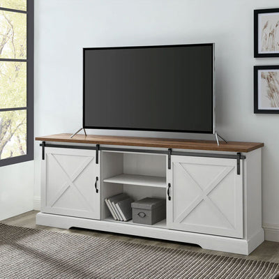 Walker Edison Sliding Barn Door TV Stand W70SBDROBRW, farmhouse media cabinet installed living room view
