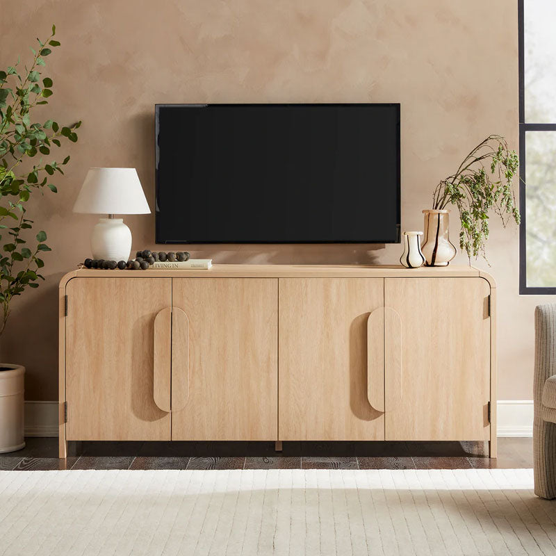 Walker Edison Chantelle Modern Curved Buffet Sideboard/TV Stand WECHA11704CO1, light wood media cabinet with television