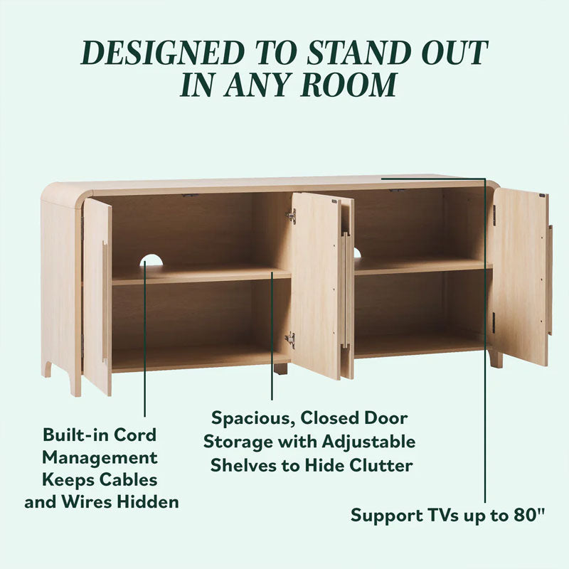 Walker Edison Chantelle Modern Curved Buffet Sideboard/TV Stand WECHA11704CO1, light wood media cabinet storage features