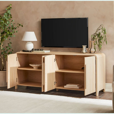 Walker Edison Chantelle Modern Curved Buffet Sideboard/TV Stand WECHA11704CO1, light wood media cabinet open interior