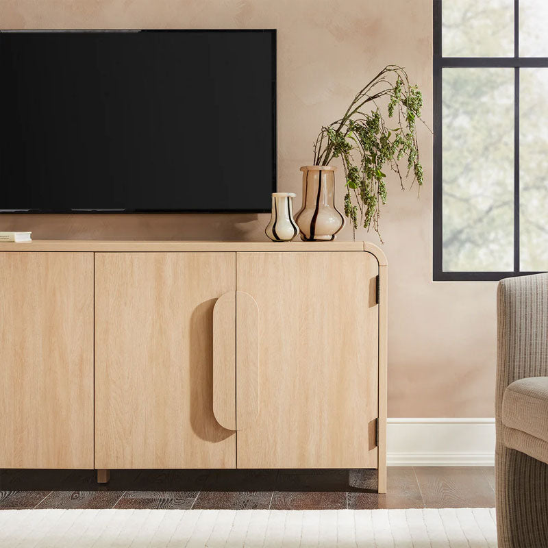 Walker Edison Chantelle Modern Curved Buffet Sideboard/TV Stand WECHA11704CO1, light wood media cabinet closed front detail