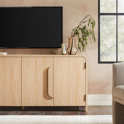 Walker Edison Chantelle Modern Curved Buffet Sideboard/TV Stand WECHA11704CO1, light wood media cabinet closed front detail
