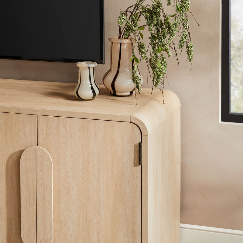 Walker Edison Chantelle Modern Curved Buffet Sideboard/TV Stand WECHA11704CO1, light wood media cabinet curved corner detail