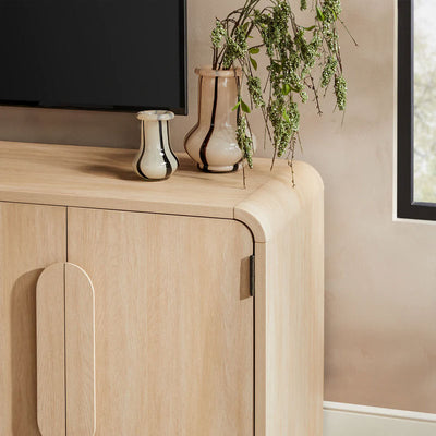 Walker Edison Chantelle Modern Curved Buffet Sideboard/TV Stand WECHA11704CO1, light wood media cabinet curved corner detail