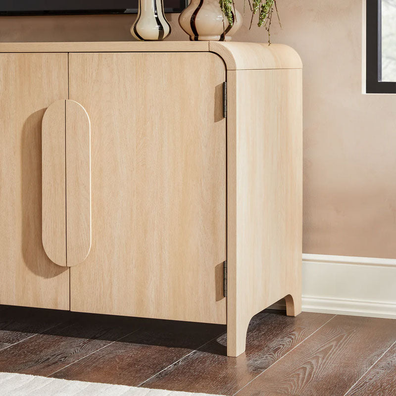 Walker Edison Chantelle Modern Curved Buffet Sideboard/TV Stand WECHA11704CO1, light wood media cabinet handle detail