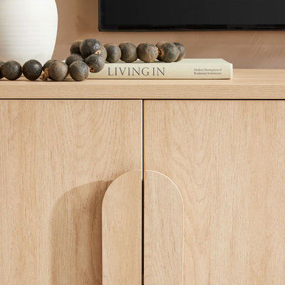 Walker Edison Chantelle Modern Curved Buffet Sideboard/TV Stand WECHA11704CO1, light wood media cabinet center handles and top