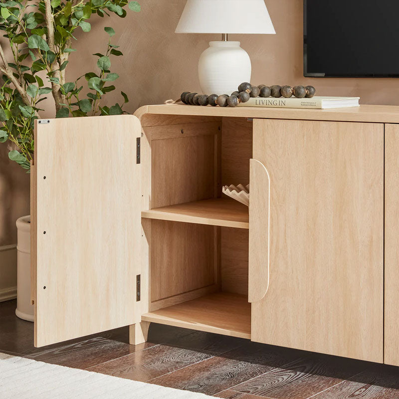 Walker Edison Chantelle Modern Curved Buffet Sideboard/TV Stand WECHA11704CO1, light wood media cabinet door open with shelves