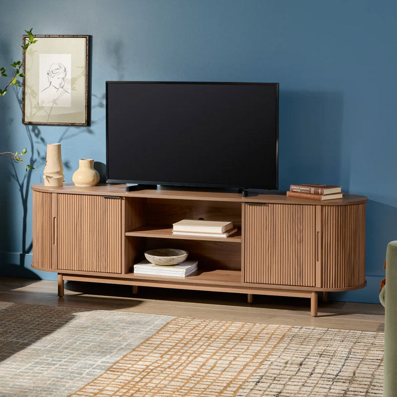 Walker Edison Chloe Modern Reeded TV Stand WECHL21704MO1, wood media console front view with TV