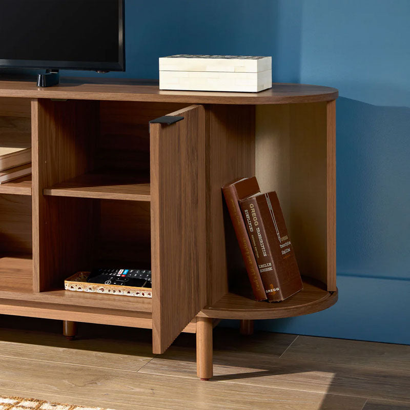 Walker Edison Chloe Modern Reeded TV Stand WECHL21704MO1, media console right cabinet door open