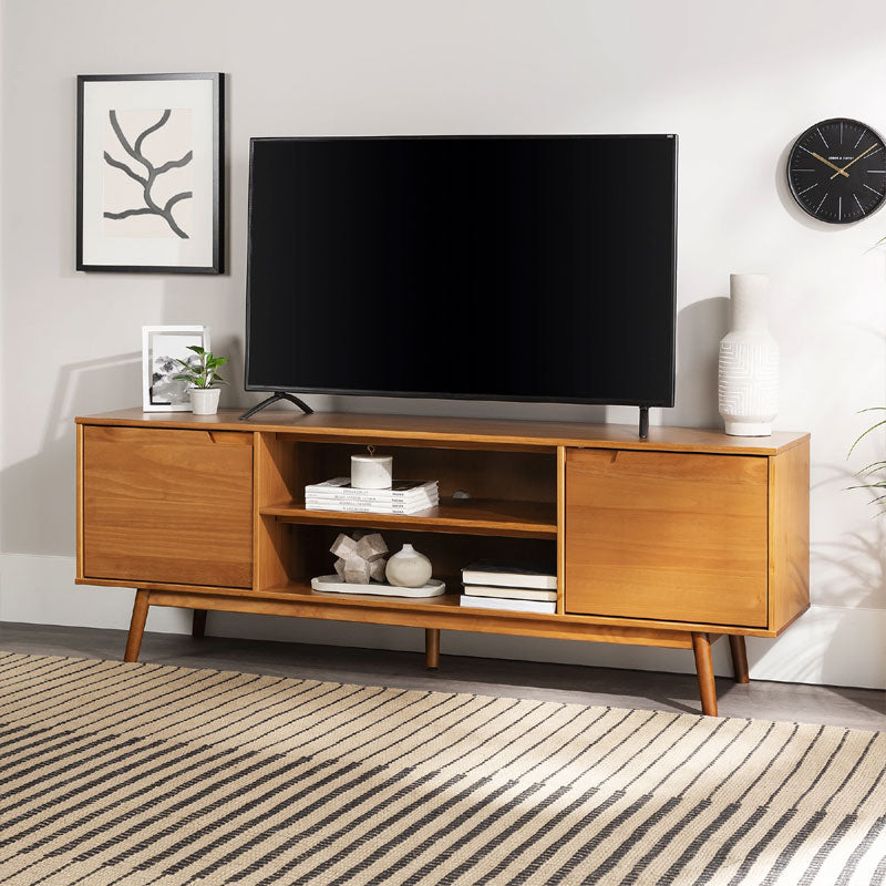 Walker Edison Adair 70 in. Modern 2 Door Solid Wood TV Stand W70ADR2DCA, wood media console with a television and doors closed
