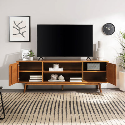 Walker Edison Adair 70 in. Modern 2 Door Solid Wood TV Stand W70ADR2DCA, wood media console with a television and doors open