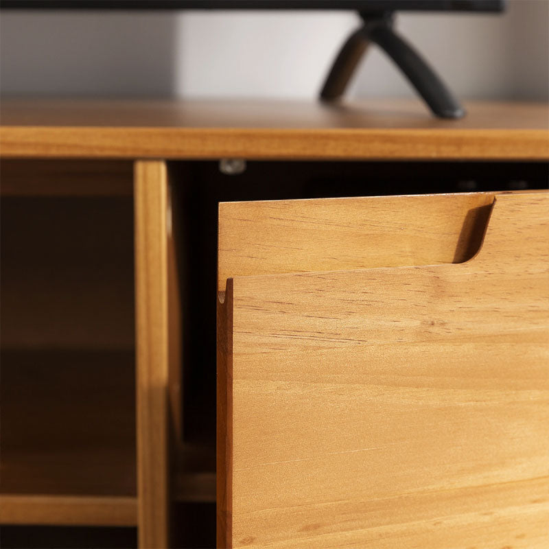 Walker Edison Adair 70 in. Modern 2 Door Solid Wood TV Stand W70ADR2DCA, wood media console drawer handle in close-up