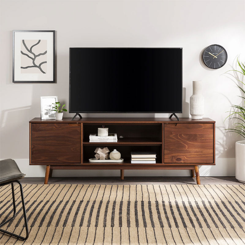 Walker Edison Adair 70 in. Modern 2 Door Solid Wood TV Stand W70ADR2DWT, wood media console with a television and doors closed