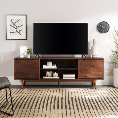 Walker Edison Adair 70 in. Modern 2 Door Solid Wood TV Stand W70ADR2DWT, wood media console with a television and doors closed