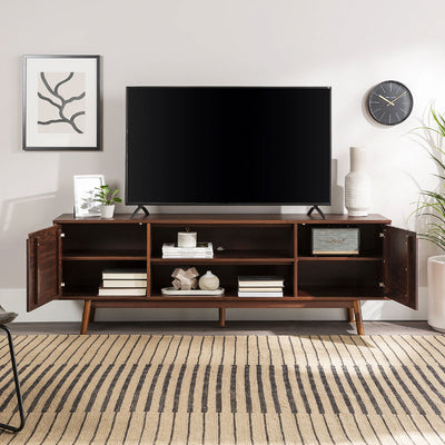 Walker Edison Adair 70 in. Modern 2 Door Solid Wood TV Stand W70ADR2DWT, wood media console with a television and doors open
