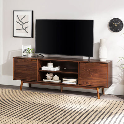 Walker Edison Adair 70 in. Modern 2 Door Solid Wood TV Stand W70ADR2DWT, wood media console with a television in an angled view