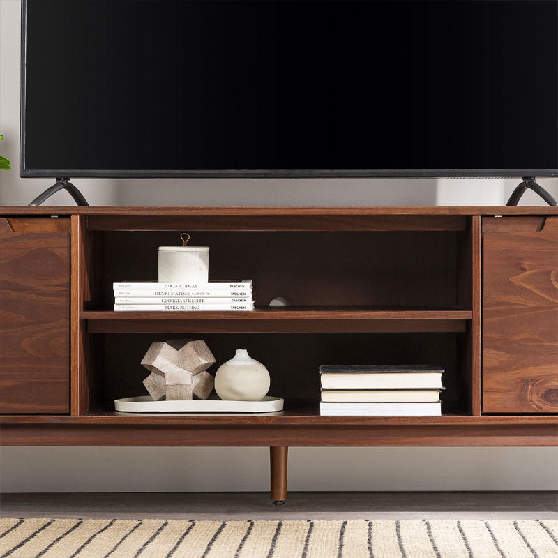 Walker Edison Adair 70 in. Modern 2 Door Solid Wood TV Stand W70ADR2DWT, wood media console open center shelving in close-up
