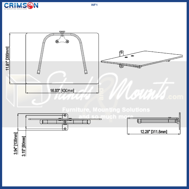 Crimson Single Wall Mounted Component Shelf WF1, monitor shelf dimensions diagram