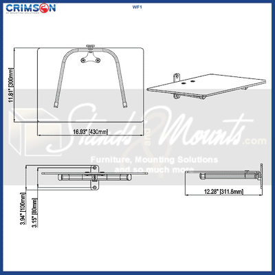 Crimson Single Wall Mounted Component Shelf WF1, monitor shelf dimensions diagram