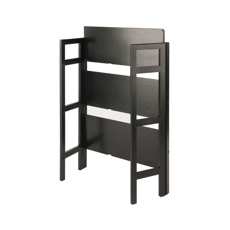 Winsome Wood 3 Tier Folding Shelf 20896, tall black media tower angled view