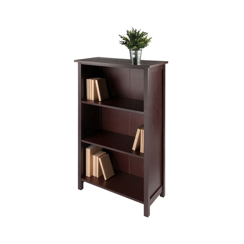 Winsome Wood Milan Extra-Wide 3-Tier Shelf 94328, dark wood bookcase with books front three-quarter view