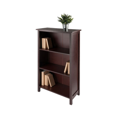 Winsome Wood Milan Extra-Wide 3-Tier Shelf 94328, dark wood bookcase with books front three-quarter view