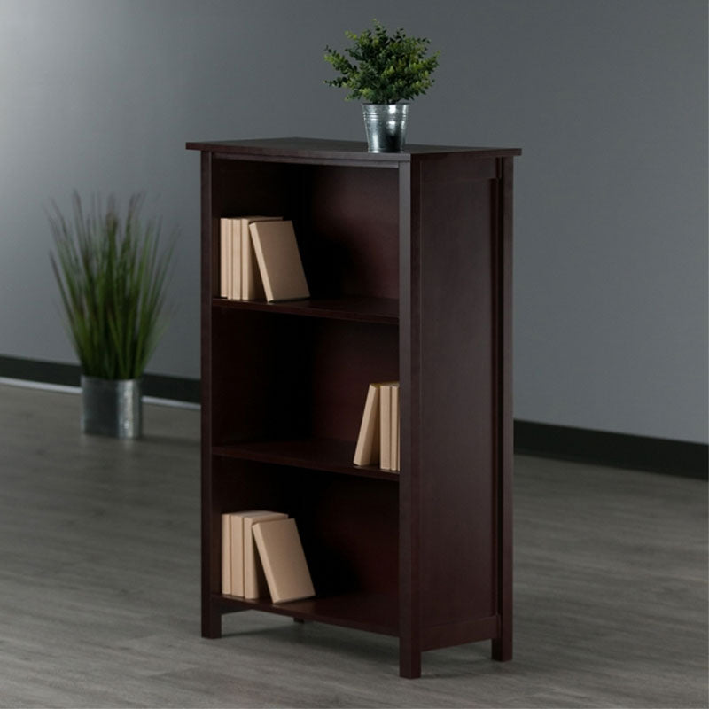 Winsome Wood Milan Extra-Wide 3-Tier Shelf 94328, dark wood bookcase installed room view