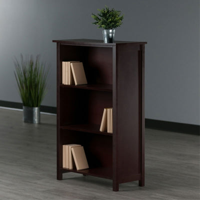 Winsome Wood Milan Extra-Wide 3-Tier Shelf 94328, dark wood bookcase installed room view