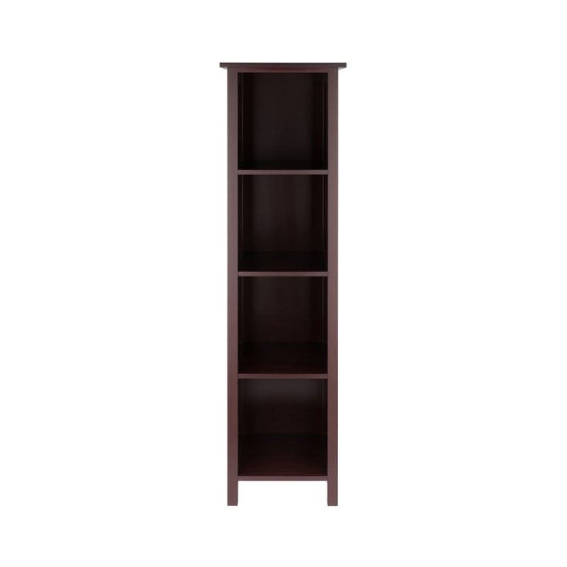 Winsome Wood Milan 4-Tier Upright Shelf 94416, dark wood bookcase front view