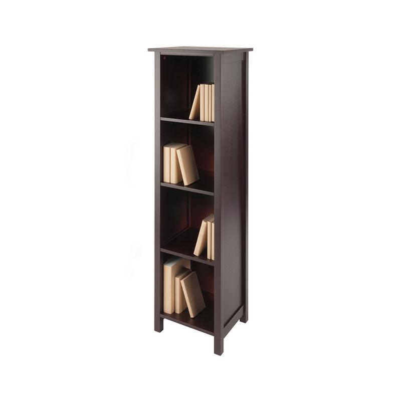 Winsome Wood Milan 4-Tier Upright Shelf 94416, dark wood bookcase angled view with books