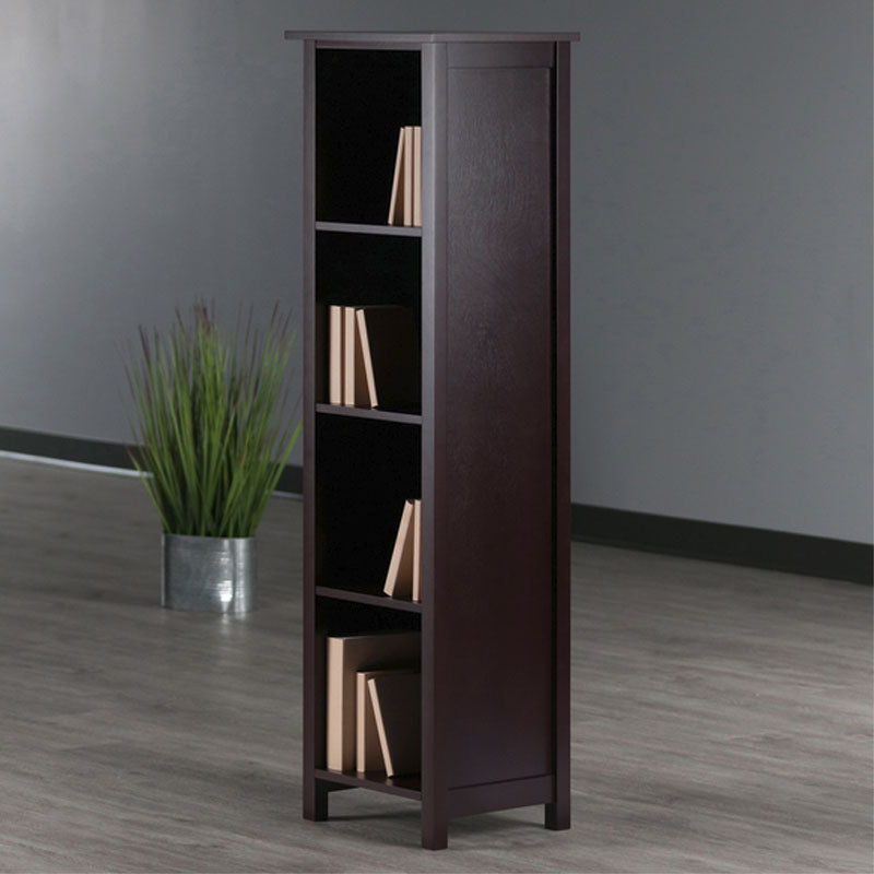 Winsome Wood Milan 4-Tier Upright Shelf 94416, dark wood bookcase in room