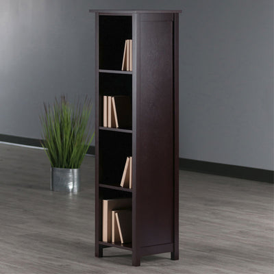 Winsome Wood Milan 4-Tier Upright Shelf 94416, dark wood bookcase in room