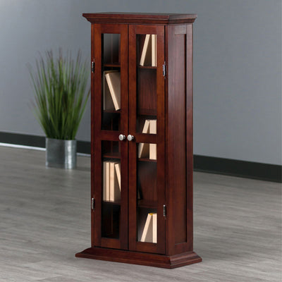 Winsome Wood Walnut Wood CD DVD Cabinet 94944, cherry wood media tower installed with one door open