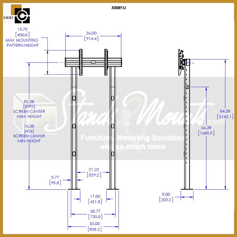 Chief FUSION Extra Large Screen Single Bolt Down Stand XBM1U, floor display stand technical dimensions