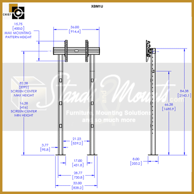 Chief FUSION Extra Large Screen Single Bolt Down Stand XBM1U, floor display stand technical dimensions