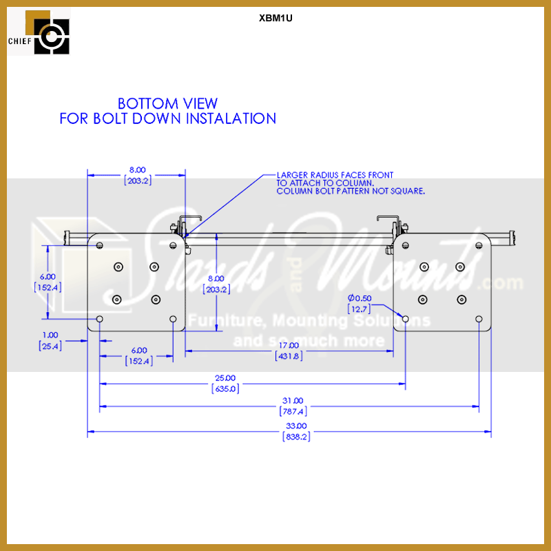 Chief FUSION Extra Large Screen Single Bolt Down Stand XBM1U, display crossbar underside technical dimensions
