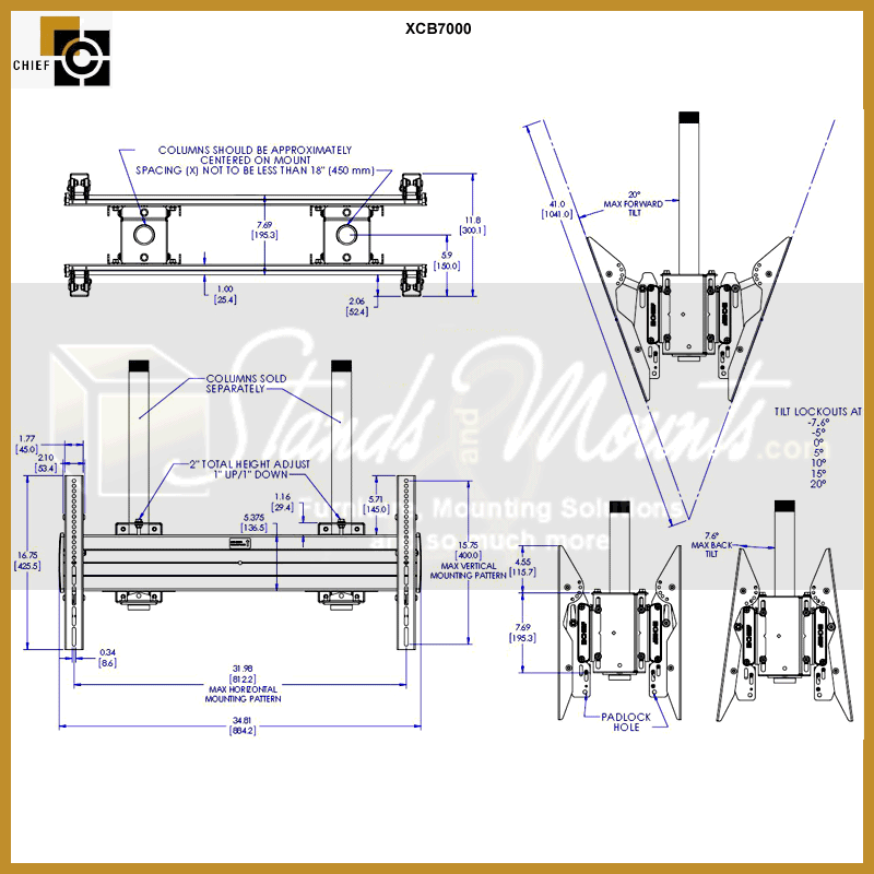 Chief FUSION X-Large Heavy Duty Back to Back Ceiling Mount XCB7000, articulating display mount dimensions and tilt diagram