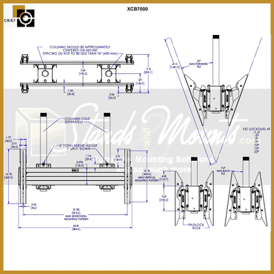 Chief FUSION X-Large Heavy Duty Back to Back Ceiling Mount XCB7000, articulating display mount dimensions and tilt diagram