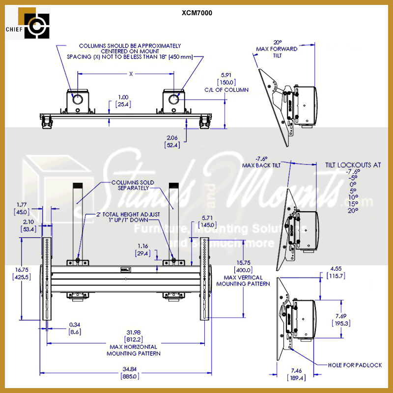Chief FUSION X-Large Heavy Duty Flat Panel Ceiling Mount XCM7000, ceiling column display mount technical dimensions diagram
