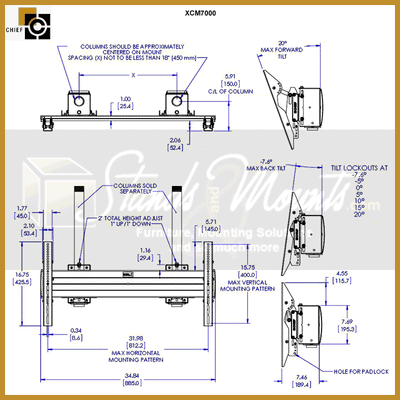 Chief FUSION X-Large Heavy Duty Flat Panel Ceiling Mount XCM7000, ceiling column display mount technical dimensions diagram