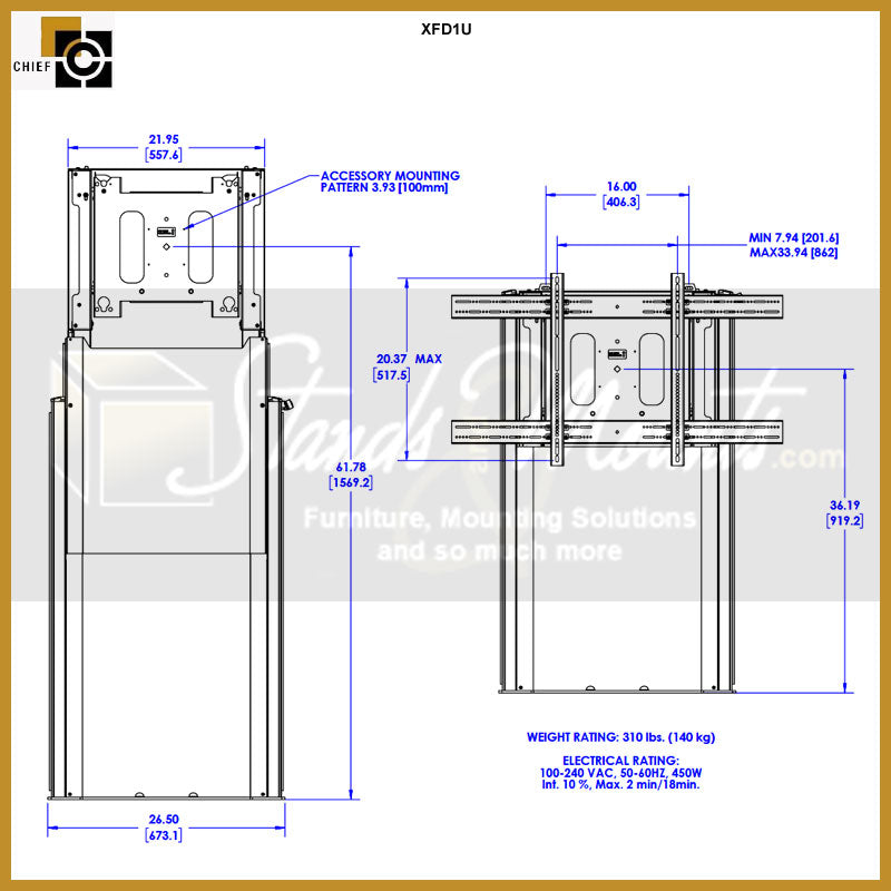 Chief XL Electric Height Adjustable Floor Support Mount XFD1U, electric height-adjustable display mount front dimensions diagram