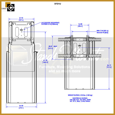 Chief XL Electric Height Adjustable Floor Support Mount XFD1U, electric height-adjustable display mount front dimensions diagram