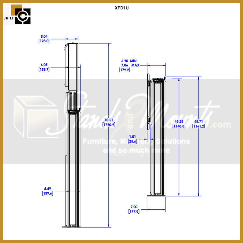 Chief XL Electric Height Adjustable Floor Support Mount XFD1U, electric height-adjustable display mount side dimensions diagram