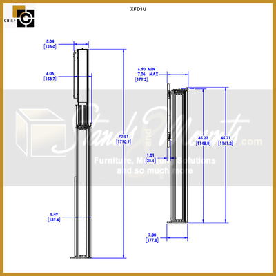 Chief XL Electric Height Adjustable Floor Support Mount XFD1U, electric height-adjustable display mount side dimensions diagram