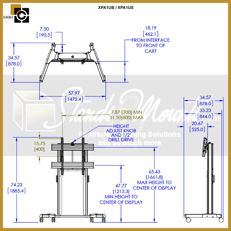 Chief FUSION XL Manual Height Adjustable Silver Mobile Cart, XPA1US, mobile display cart technical dimensions diagram